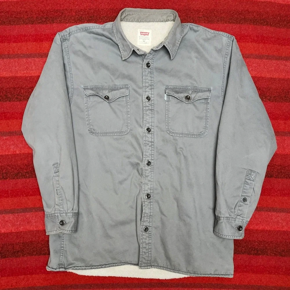 Levis Washed Grey Canvas Sherpa Lined Shacket Workwear Shirt Jacket Mens XL